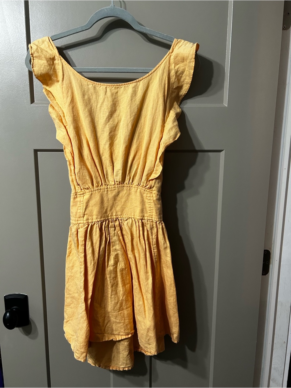 Free People peach Yellow Smocked Dress Top Ruffle sleeve Cotton Linen blend - Picture 1 of 6